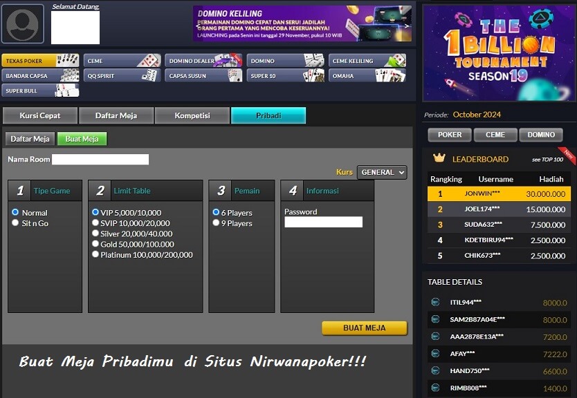 Cara Buat Meja Pribadi di Nirwanapoker dengan Mudah dan Cepat